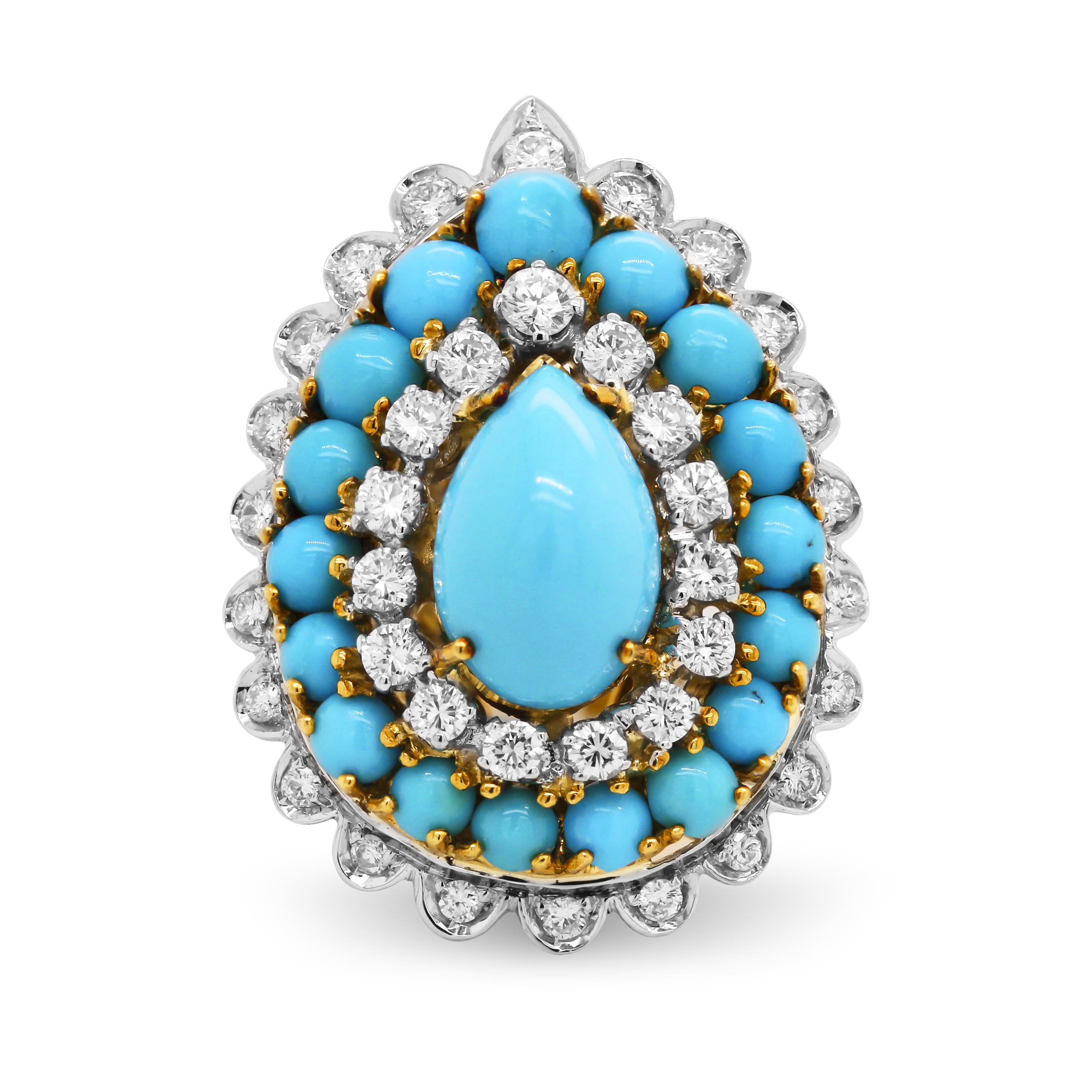18K Yellow White Two Tone Gold Pear Shape Sleeping Beauty Turquoise Ring

These one-of-a-kind ring features some of the most high-quality turquoise we have ever seen. The center has one pear shape turquoise with a row of rounds along with