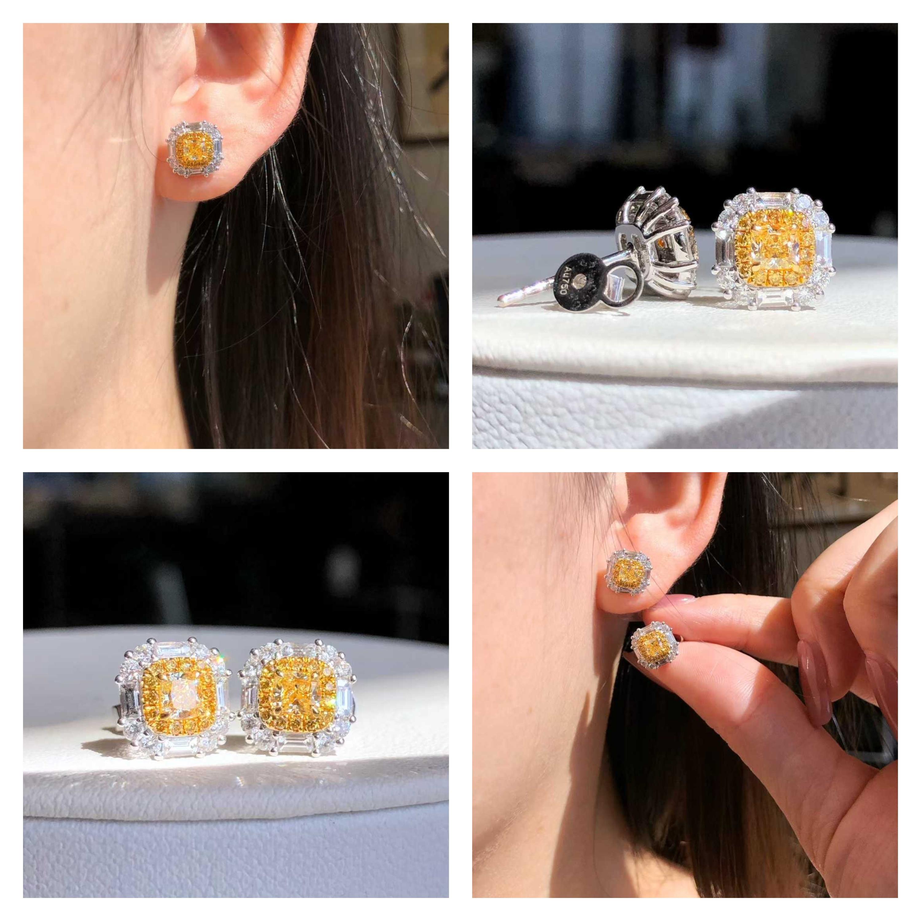 Taglio misto Orecchini a lobo con diamanti gialli e bianchi 18K in vendita