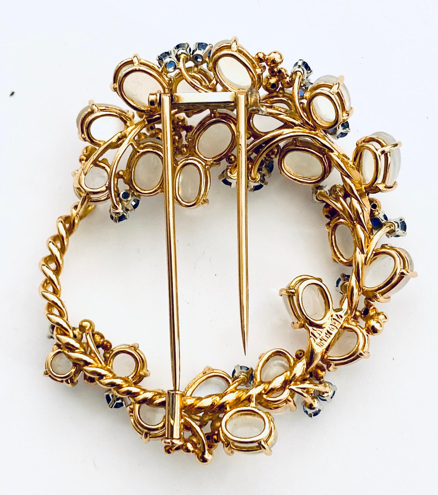 Modern 18k Yellow Gold Brooch Set with Moonstones & Saphires, Signed Kern Germany 1960