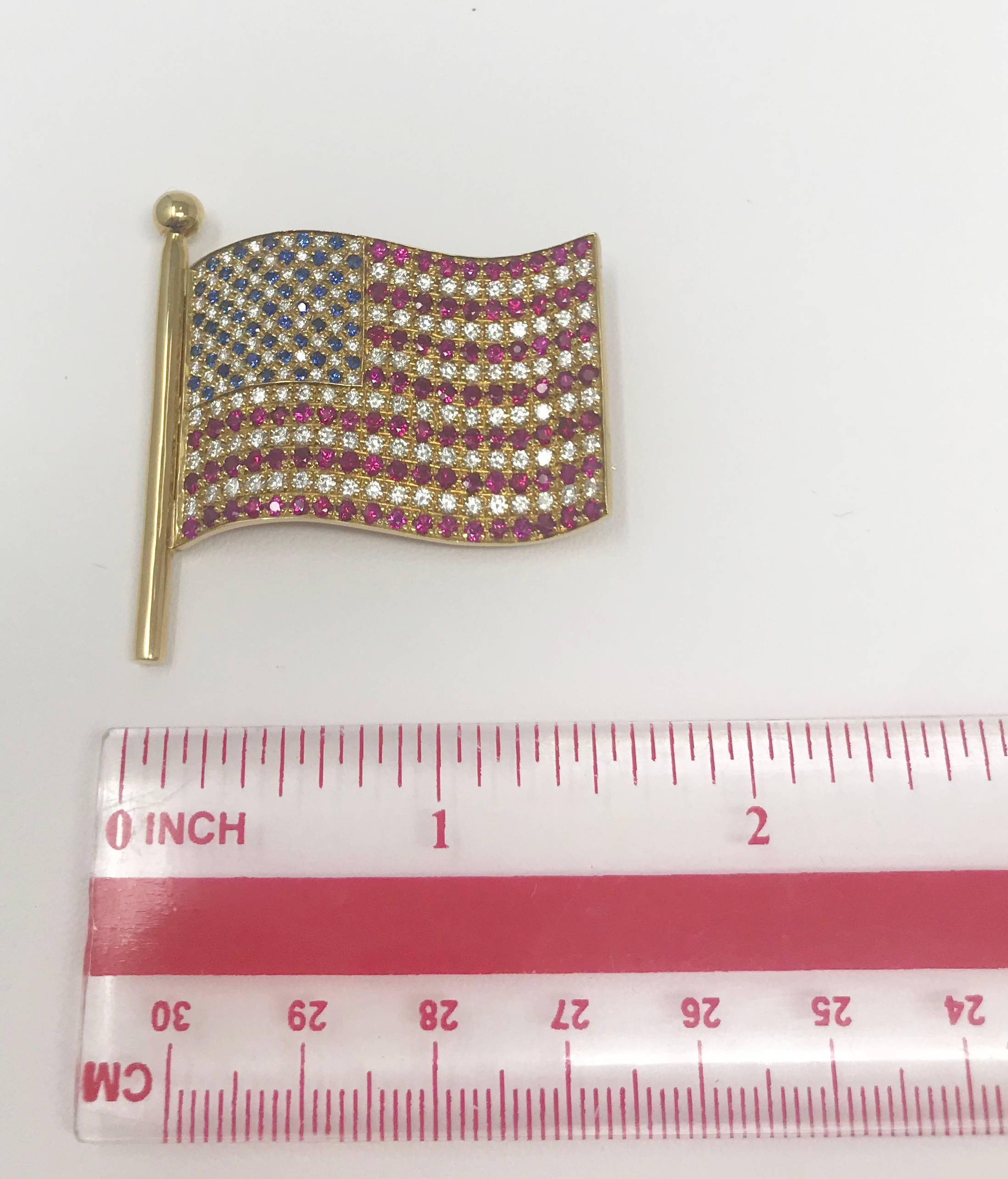 Contemporary 18K YG 2.04 Ct Diamond, .55 Ct Sapphire, 3.15 Ct Ruby American Flag Brooch Pin For Sale