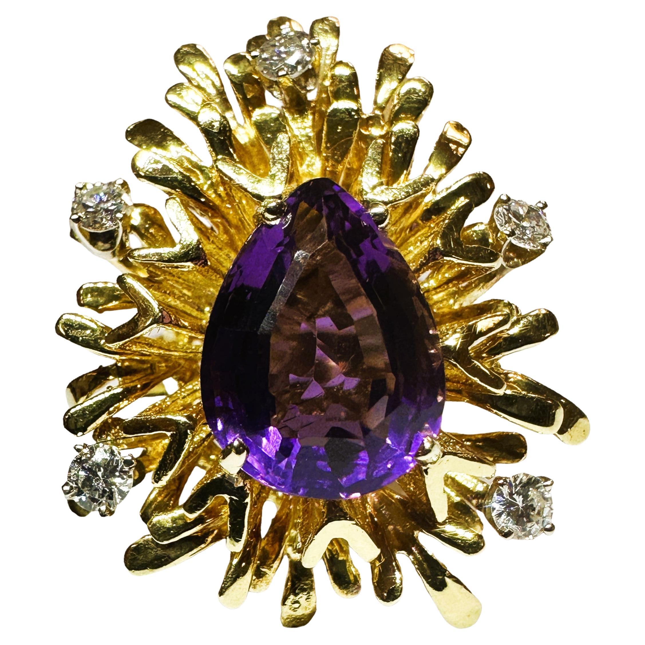 18K YG 4 Ct Amethyst & .25 Ct Diamond Ring Size 7.25 with Appraisal For Sale