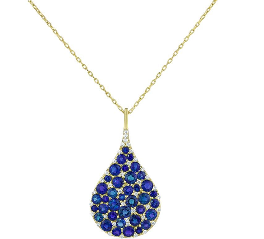Round Cut Carelle 18K YG 9.30 Ct Blue Sapphire, .60 Ct Diamond Pendant Teardrop Necklace For Sale