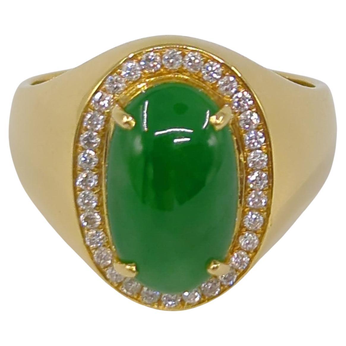 Artisan 18K YG A-Grade Emerald Green Jadeite Diamond Ring GIA Gemologist Appraisal Sz 8 For Sale