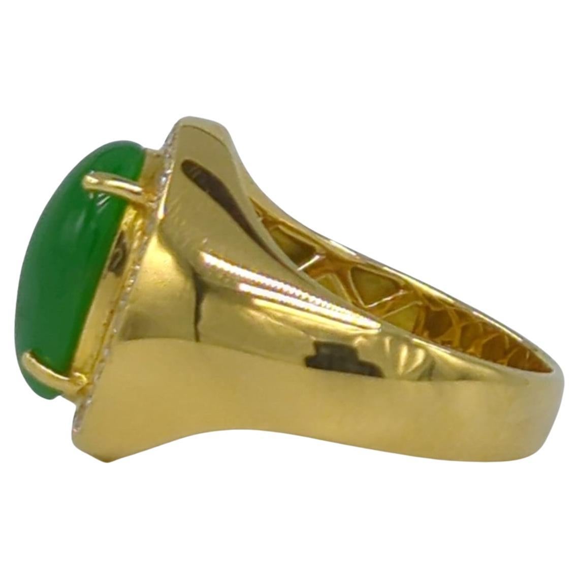 Cabochon 18K YG A-Grade Emerald Green Jadeite Diamond Ring GIA Gemologist Appraisal Sz 8 For Sale
