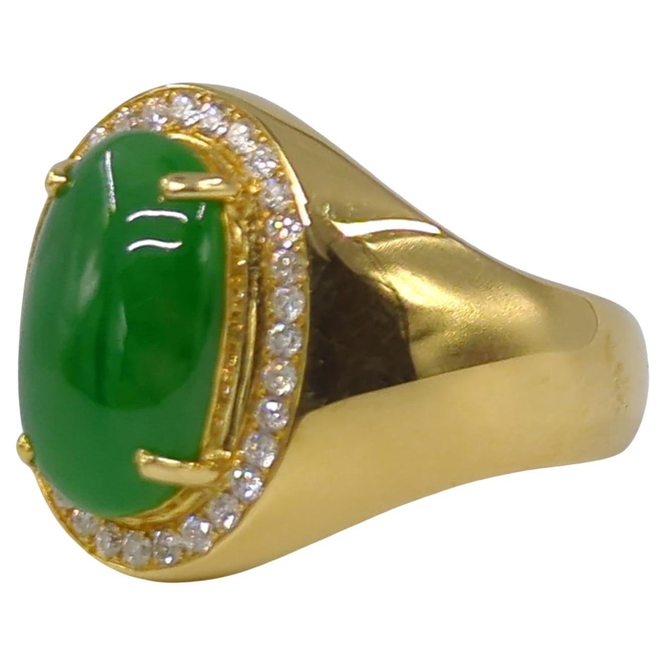 18K YG A-Grade Emerald Green Jadeite Diamond Ring GIA Gemologist Appraisal Sz 8 In Excellent Condition For Sale In Richmond, CA