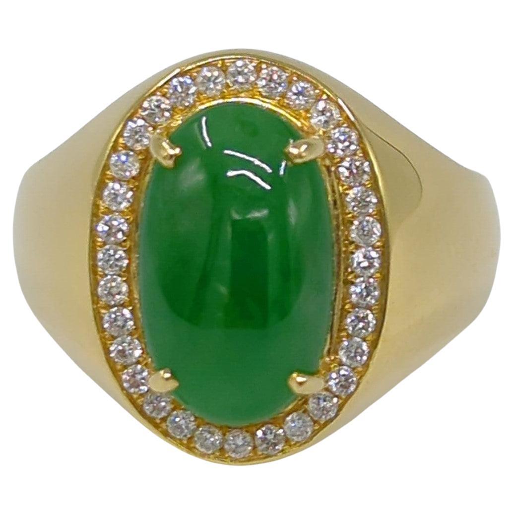 Women's or Men's 18K YG A-Grade Emerald Green Jadeite Diamond Ring GIA Gemologist Appraisal Sz 8 For Sale