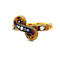 18K YG Bangle Bracelet with 1.5 Carat Rose Cut Diamonds & Enamel and Pearl