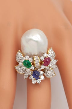 18K YG Baroque Pearl Diamond Ruby Sapphire Emerald Cocktail Ring