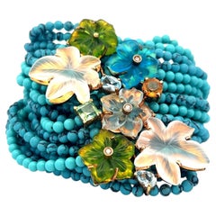 18K YG Bead Bracelet 0.03ct Diamond 0.7ct Aquamarine 0.75ct Peridot & Turquoise