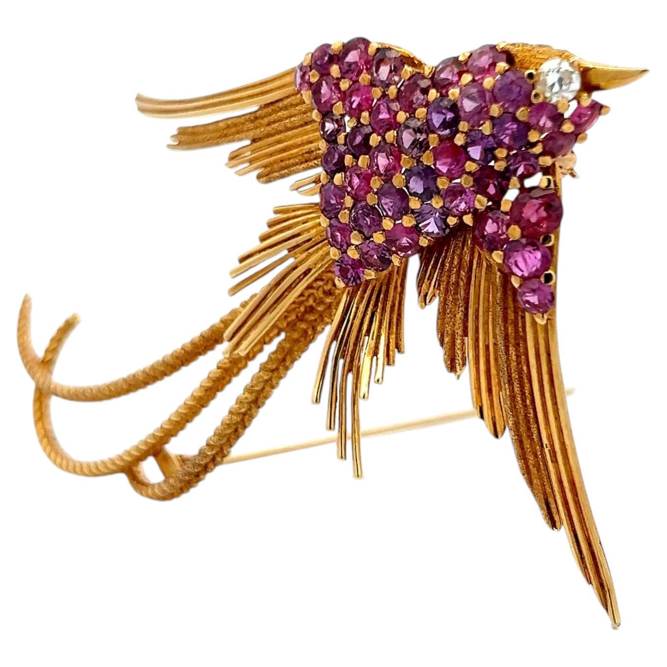 18K YG Bird Pin Brooch with 0.15 Carat Round G-VS Diamond & 4.5 Carat Ruby