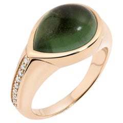 18k YG Bonbon Tourmaline Custom Cut Pear Shape Cabochon & Diamond Cocktail Ring