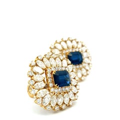 18K YG Clip On Earrings with 18.34 Ct Round & Marquis Diamonds 7.75 Ct Sapphire