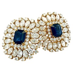 18K YG Clip On Earrings with 18.34 Ct Round & Marquis Diamonds 7.75 Ct Sapphire