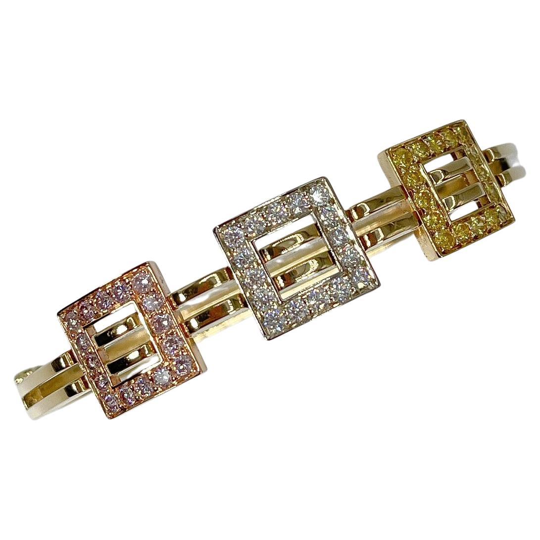 18K YG Coffin & Trout Bangle with Pink, White, and Yellow Diamonds 1.90 CTW For Sale