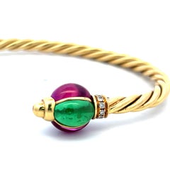 18K YG Cuff Bracelet with 0.12 Carat Diamonds 9x6.6 MM Green Sapphires & Rubies