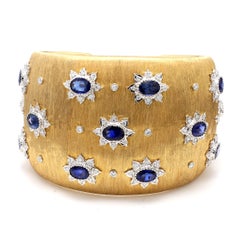 18K YG Cuff Bracelet with 1.2 Carat Round Diamonds and 14.25 Carat Sapphire