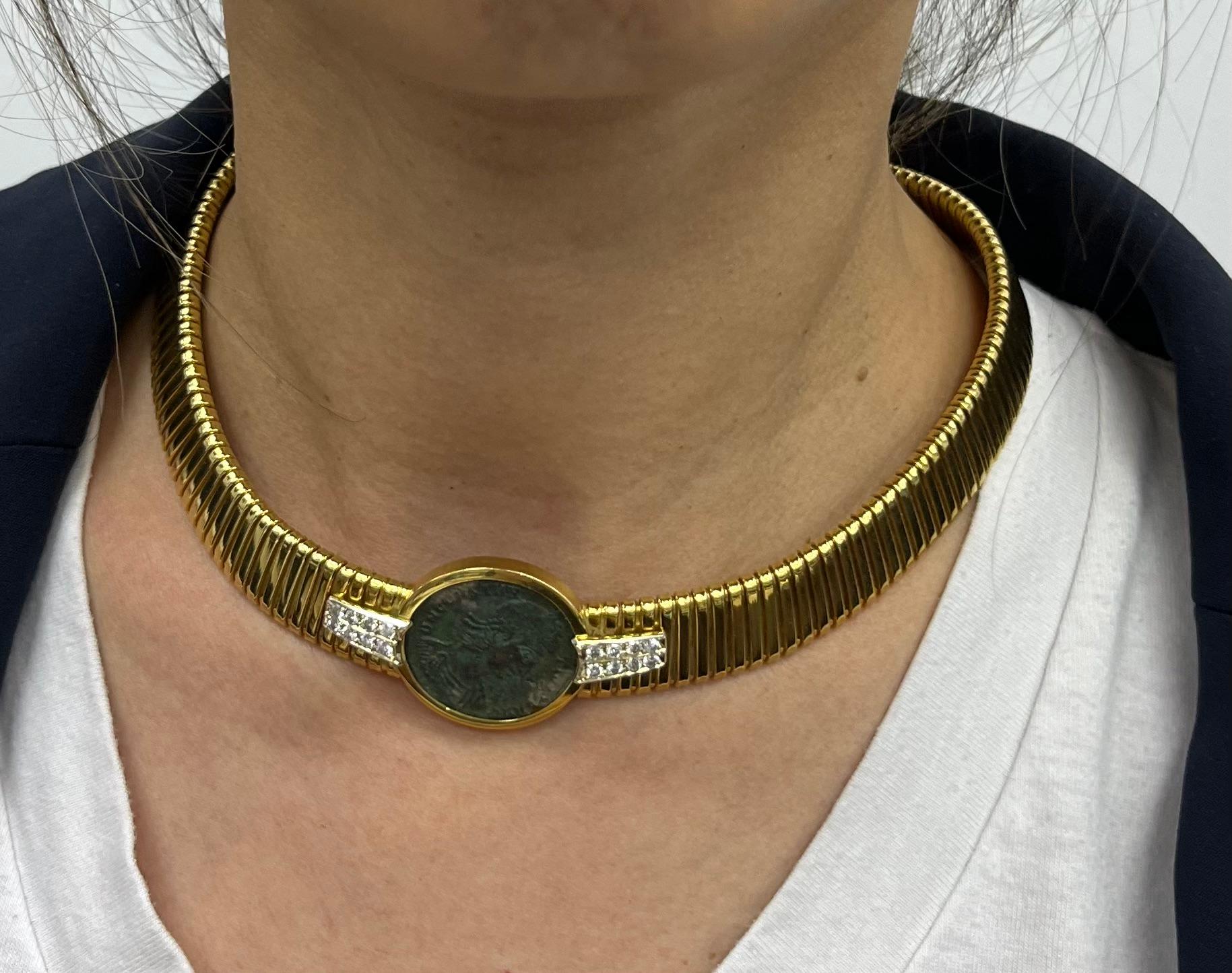 18K yellow gold ancient coin pendant flexiable choker necklace with 16 diamonds 
approx 0.96 carat total weight E-F color VS clarity
15.25 inches long 
Coin approx 1