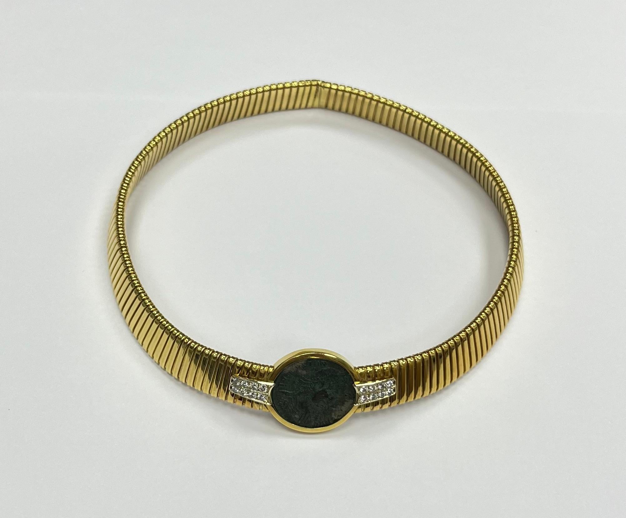 Round Cut 18K YG Diamond Ancient Coin Pendant Necklace For Sale