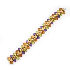 18K YG Diamond Carved Multicolor Gemstone Wide Bracelet