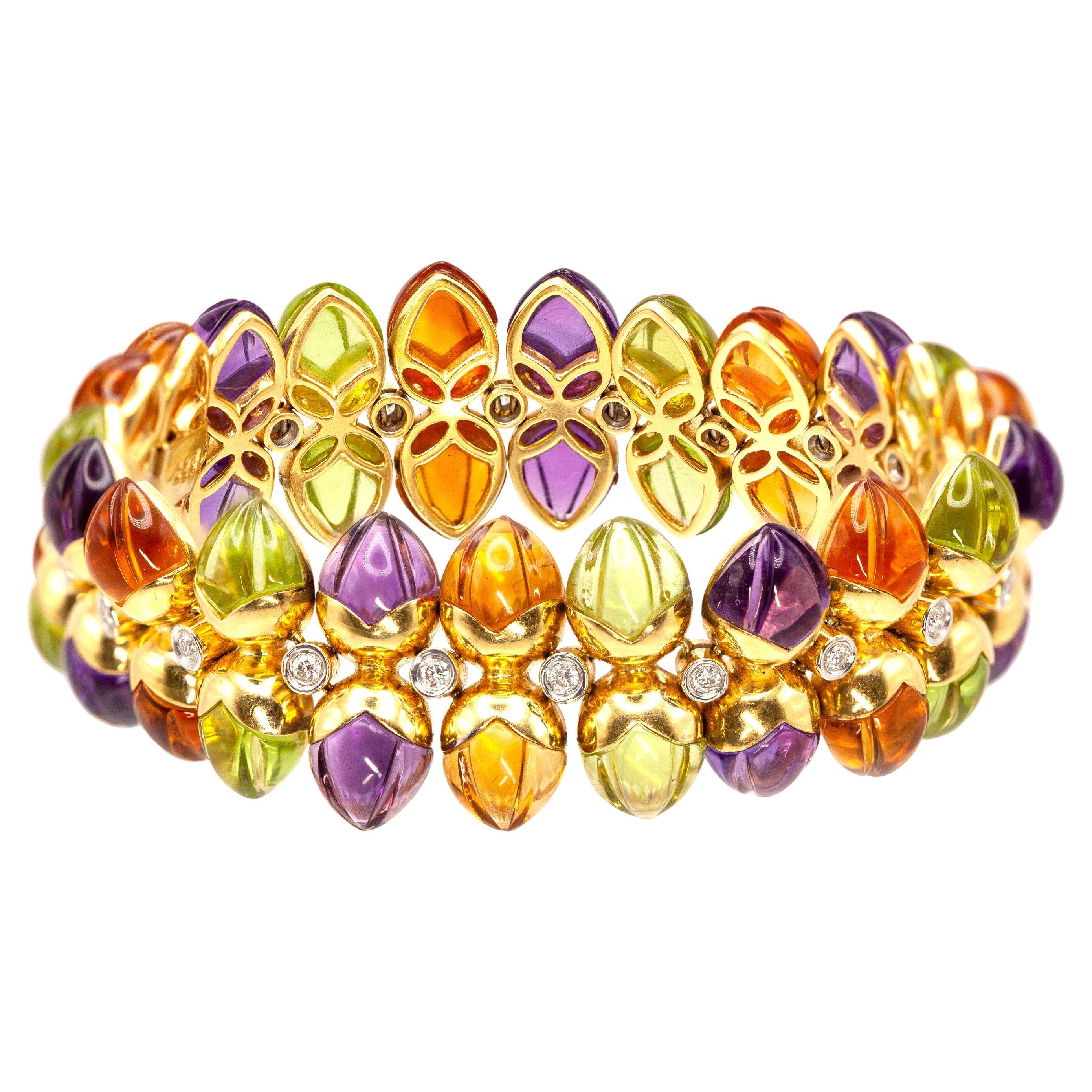 Bracelet large 18K YG sculpté de diamants et de pierres précieuses multicolores