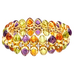 18K YG Diamond Carved Multicolor Gemstone Wide Bracelet