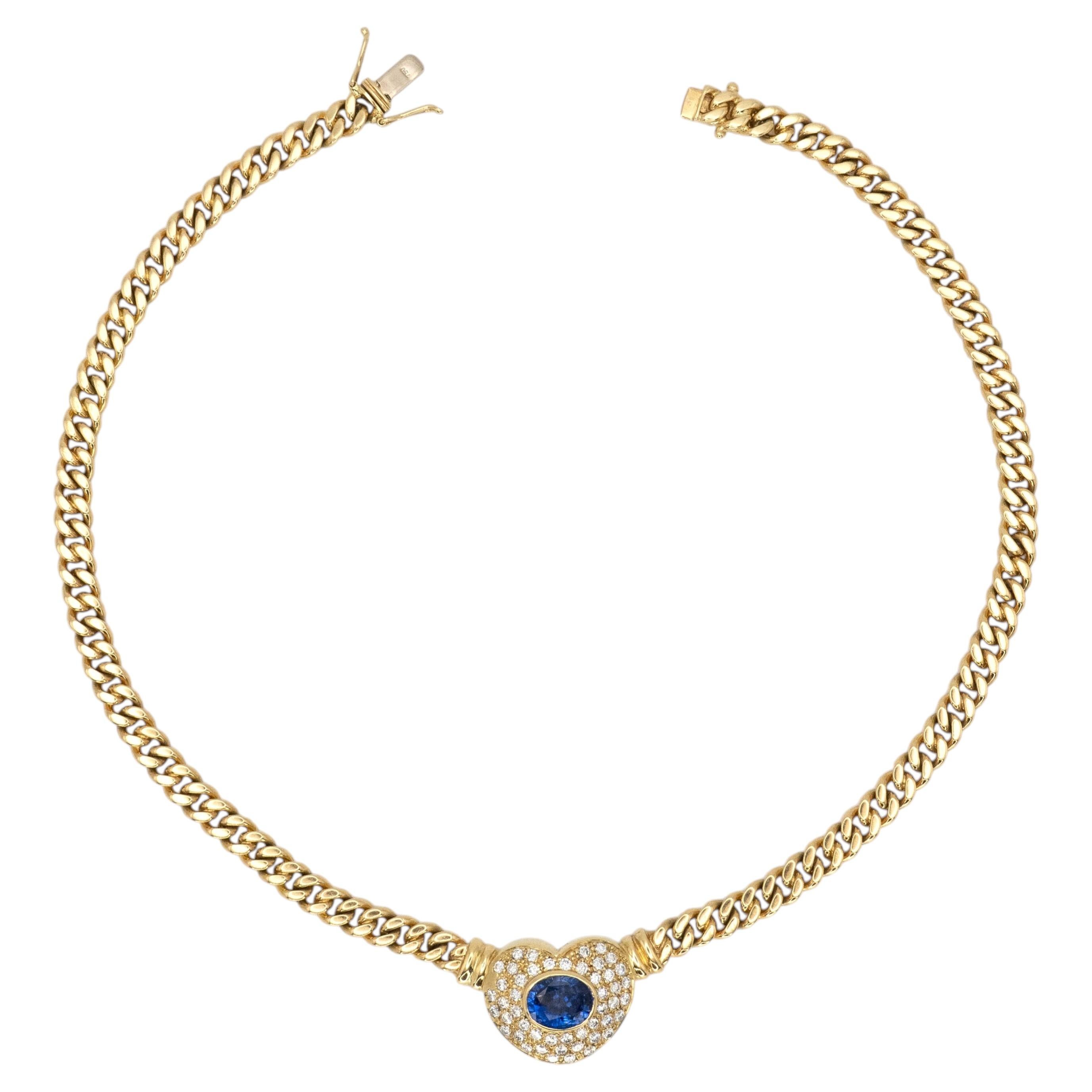 Italy 18K YG Diamond Sapphire Heart Pendant Necklace