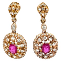 18K YG Drop Earrings with 0.83ct Round & Marquis Diamonds 1.5ct Oval Ruby GIA