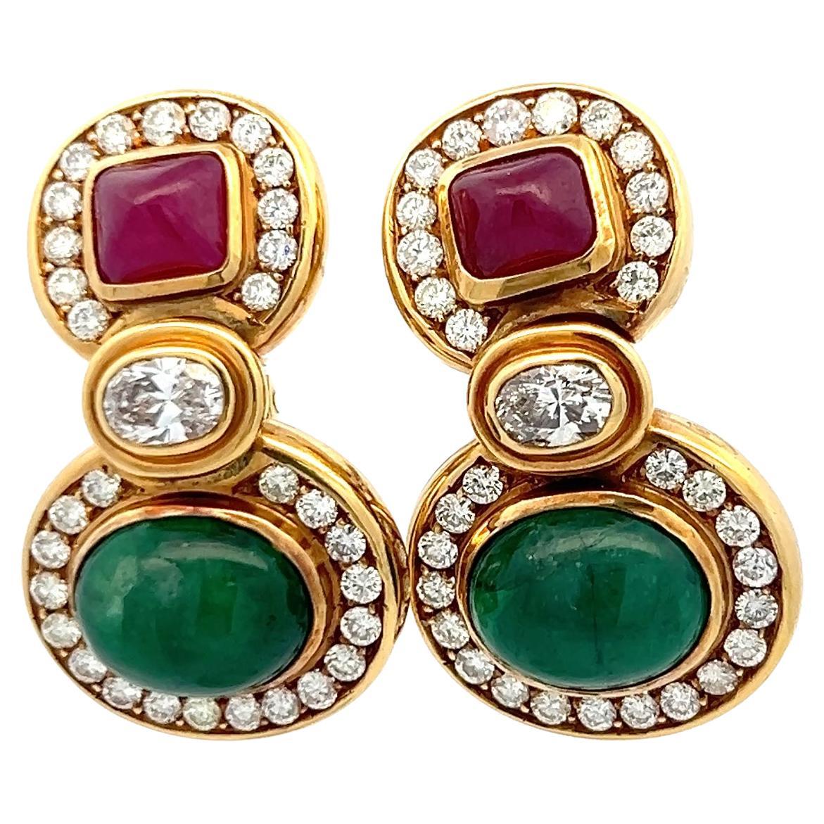 18K YG Drop Earrings with 4.6 Ct Diamonds 12x9.8mm Emerald & 6.8x7.5mm Rubies For Sale