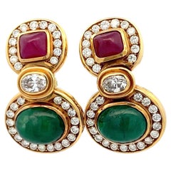 18K YG Drop Earrings with 4.6 Ct Diamonds 12x9.8mm Emerald & 6.8x7.5mm Rubies