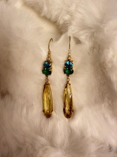 18K YG Drop Earrings with Blue Zircon, Green Tourmaline & Shaped Canary Beryl