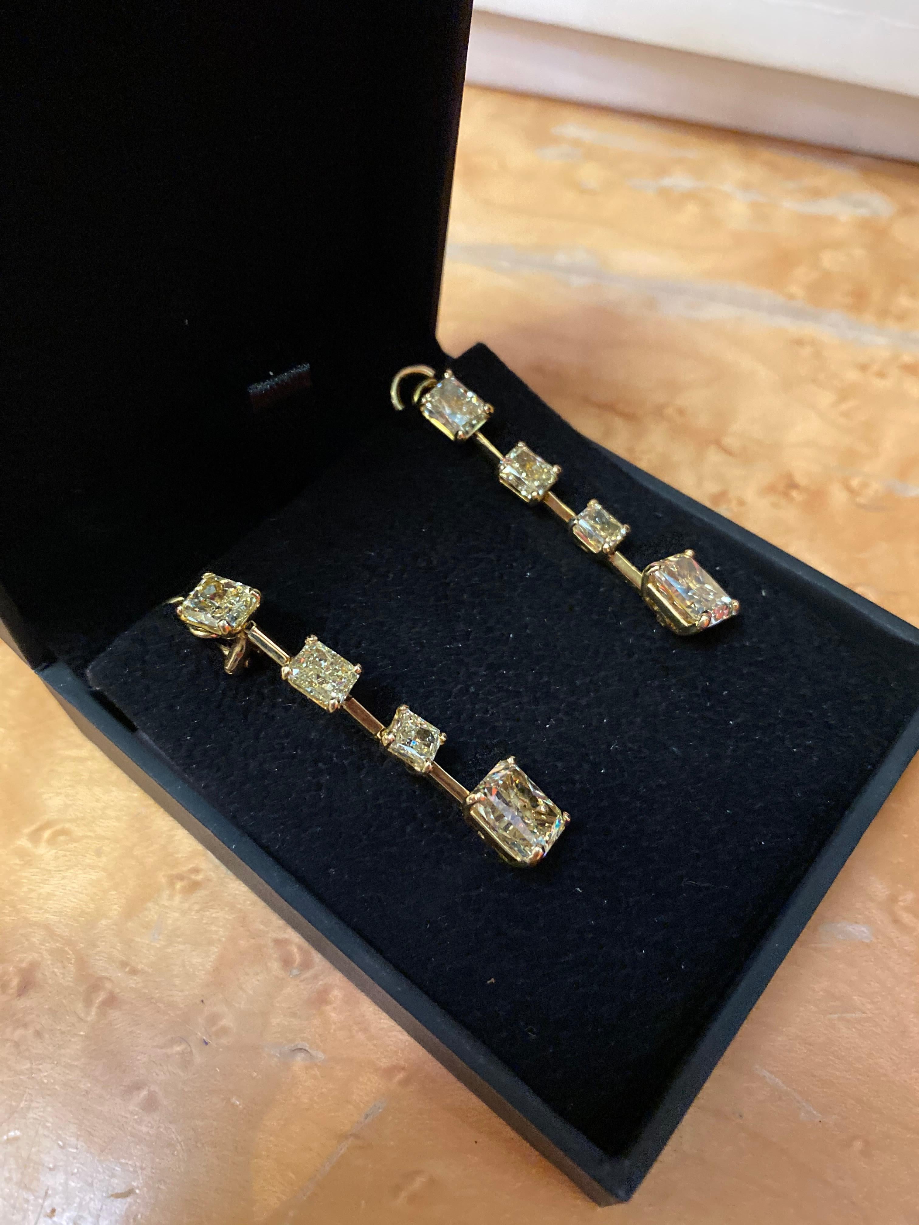 Radiant Cut 18K YG Drop Earrings with GIA Certified Fancy Yellow Diamonds DTW, 12.84 Carat