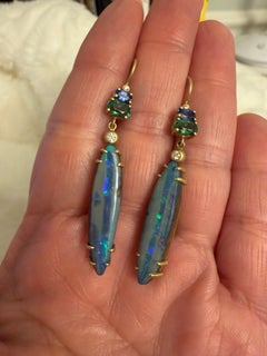 18K YG Earrings with Australian Boulder Opal, Sapphire, Tourmaline & Diamonds