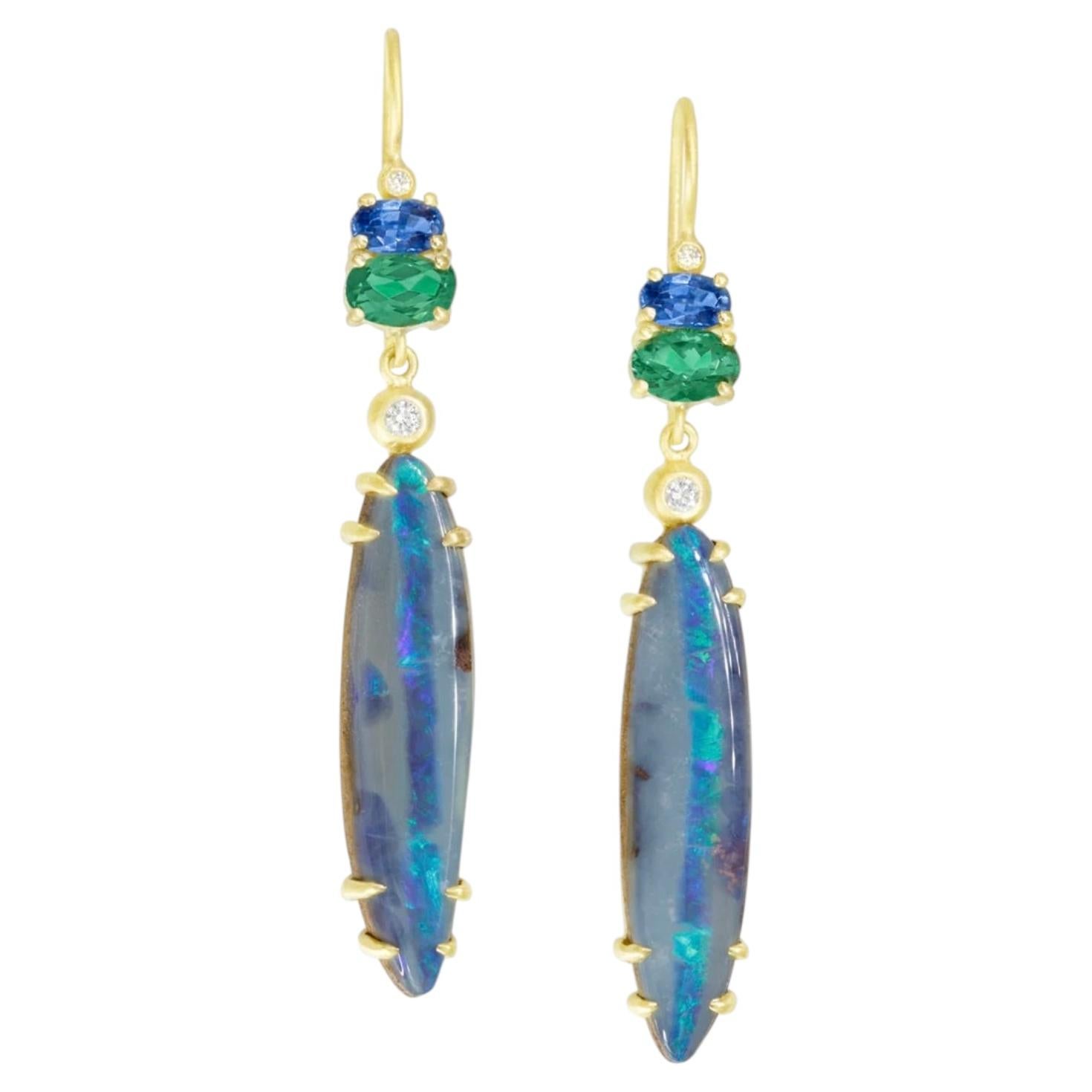18K YG Earrings with Australian Boulder Opal, Sapphire, Tourmaline & Diamonds