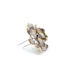 18K YG Floral Pin Brooch with 7.5 Carat Round Diamonds & 0.4 Carat Round Emerald