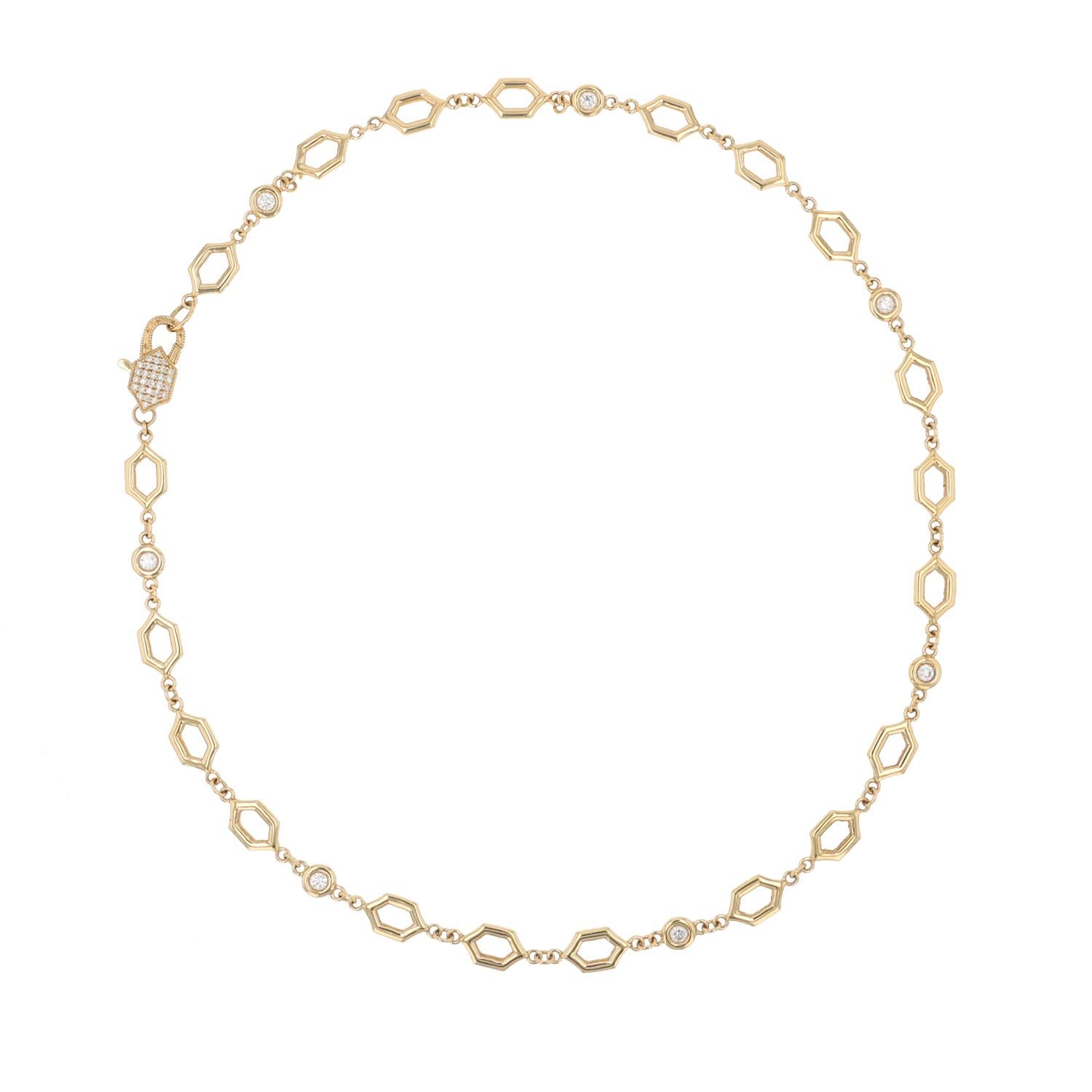 18K YG Große sechseckige Halskette, Diamant- Bezels und sechseckiger Verschluss von Erica Courtney (Brillantschliff)