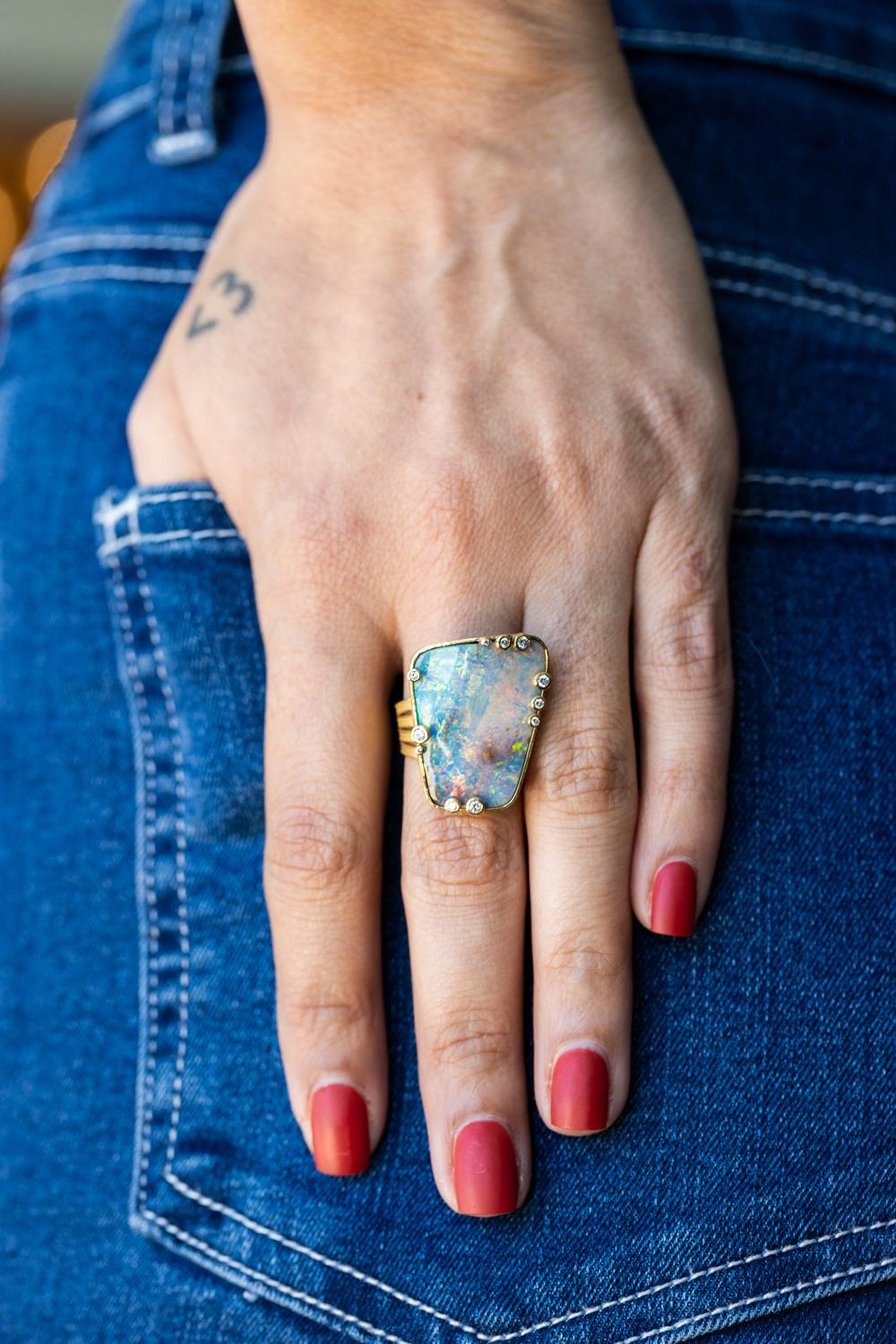 Modern 18K YG, Lightning Ridge Australian Opal & Diamond Ring by Barbara Heinrich For Sale