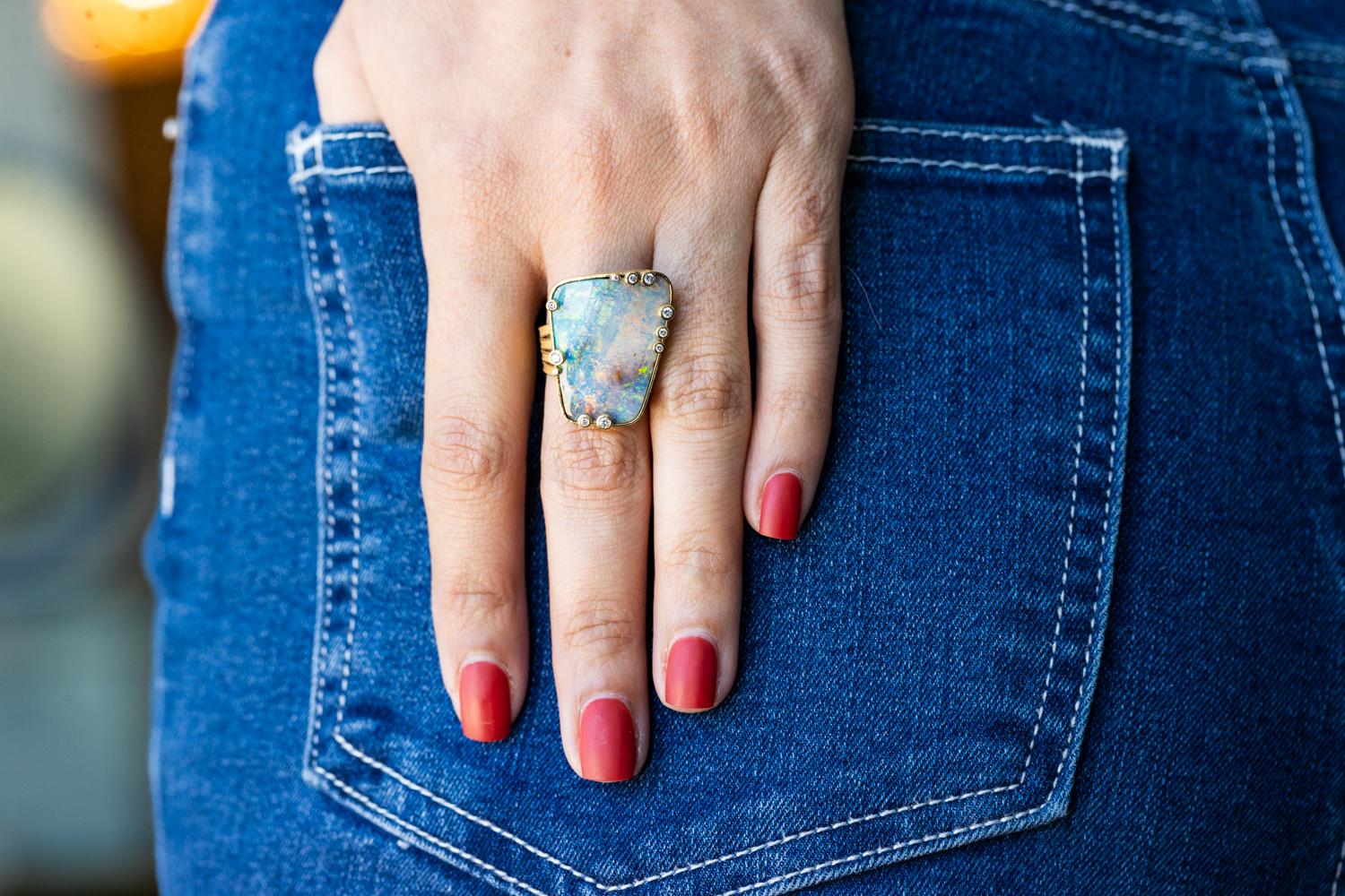 Mixed Cut 18K YG, Lightning Ridge Australian Opal & Diamond Ring by Barbara Heinrich For Sale