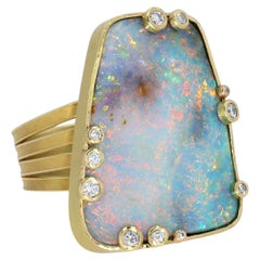 18K YG, Lightning Ridge Australian Opal & Diamond Ring by Barbara Heinrich