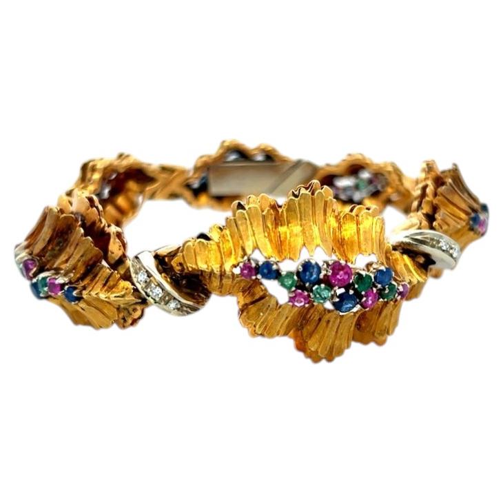 Bracciale A Link 18K con diamanti tondi I-SI da 0,09 carati e pietre multiple in vendita