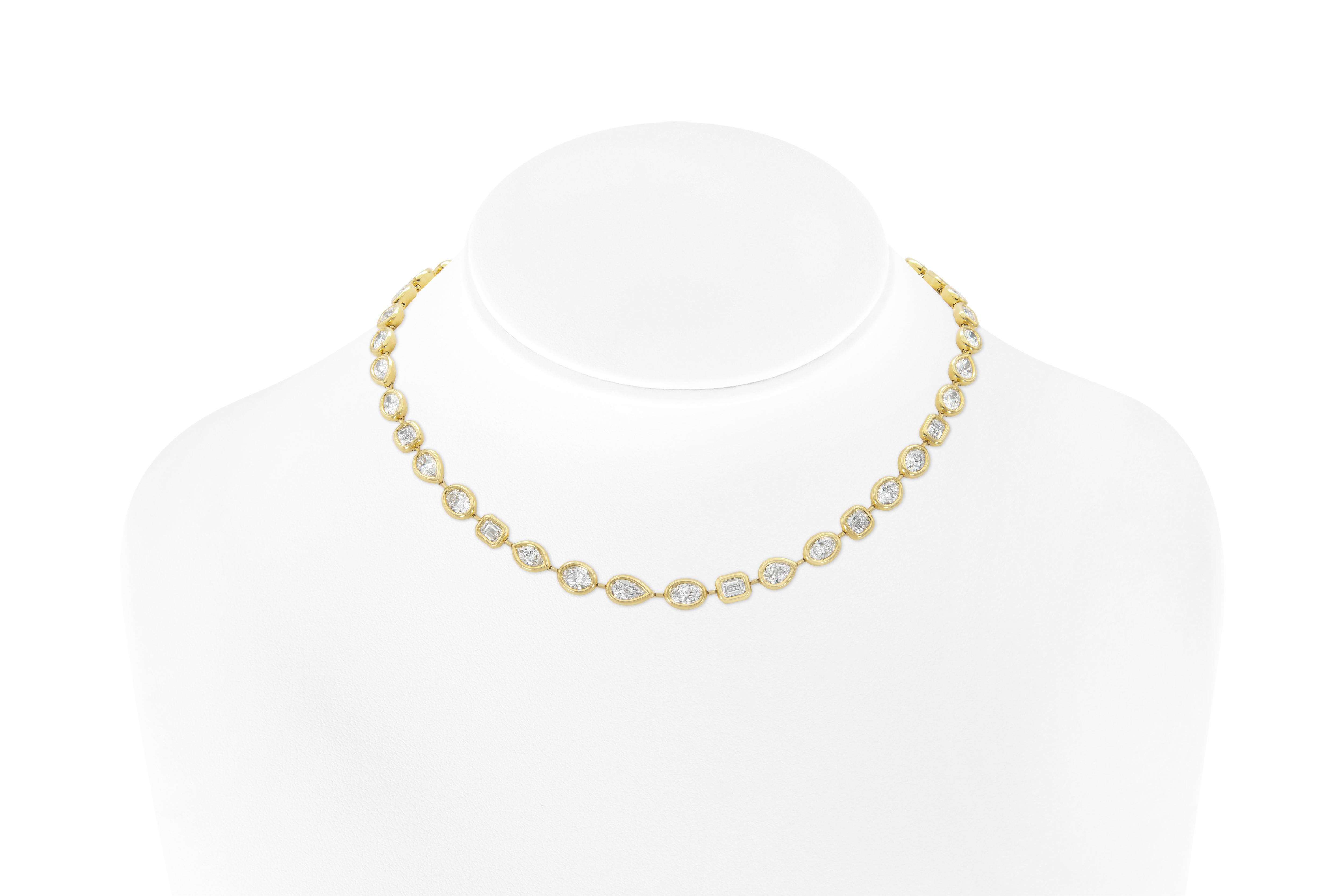 Handmade 18K Yellow Gold Necklace set with 42 Muli-Shape Diamonds H-I color VVS1-SI2 weighting 19.60 carat, 16 inch, all GIA certified.