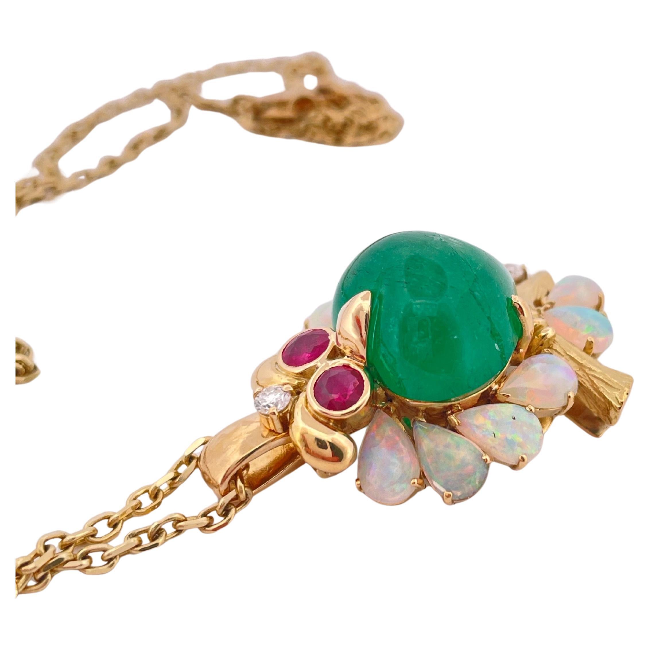 Contemporary 18k YG Owl Pendant 10ctw Emerald, 2.13ctw Opal, & 0.42ctw Ruby with 14k YG Chain For Sale