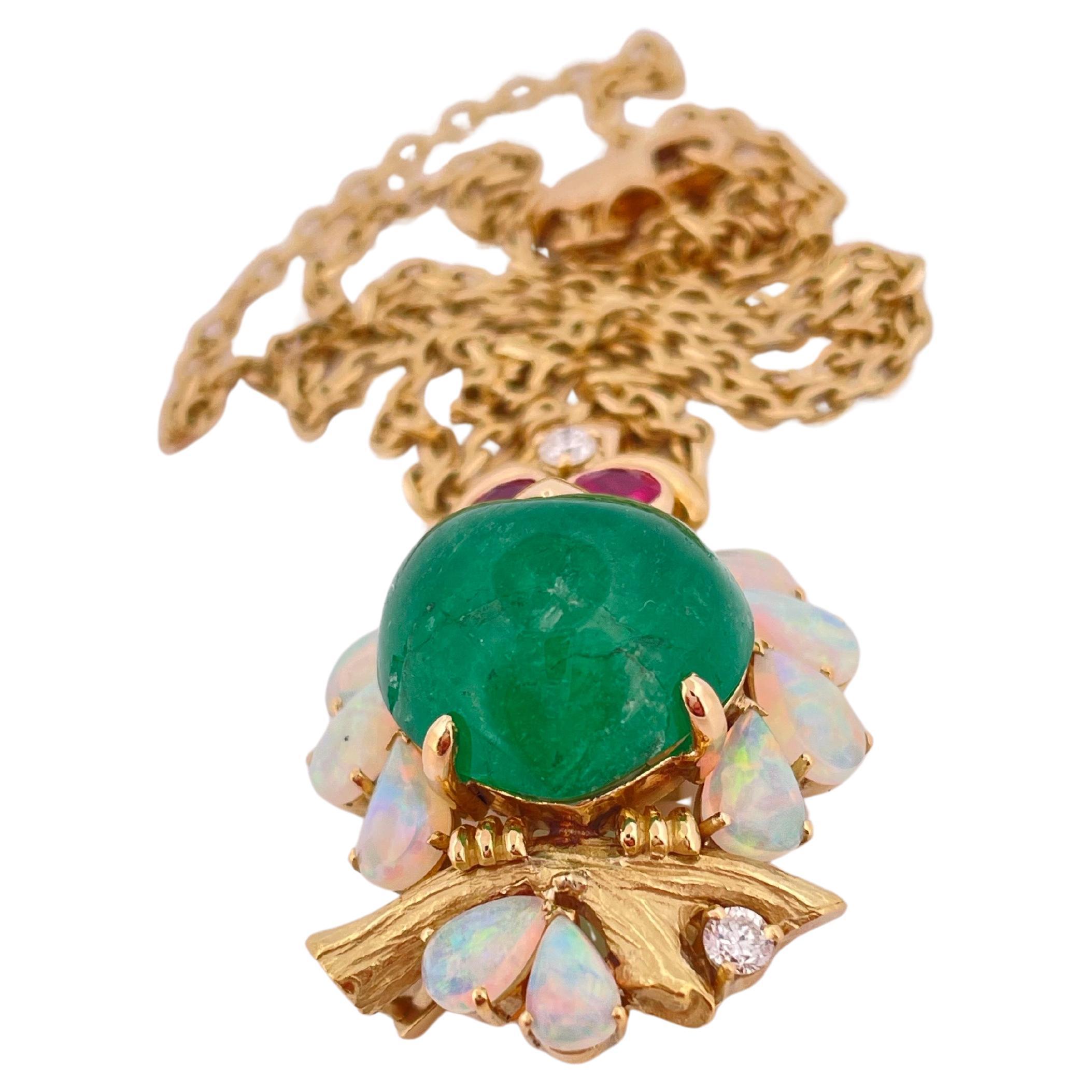 Pear Cut 18k YG Owl Pendant 10ctw Emerald, 2.13ctw Opal, & 0.42ctw Ruby with 14k YG Chain For Sale