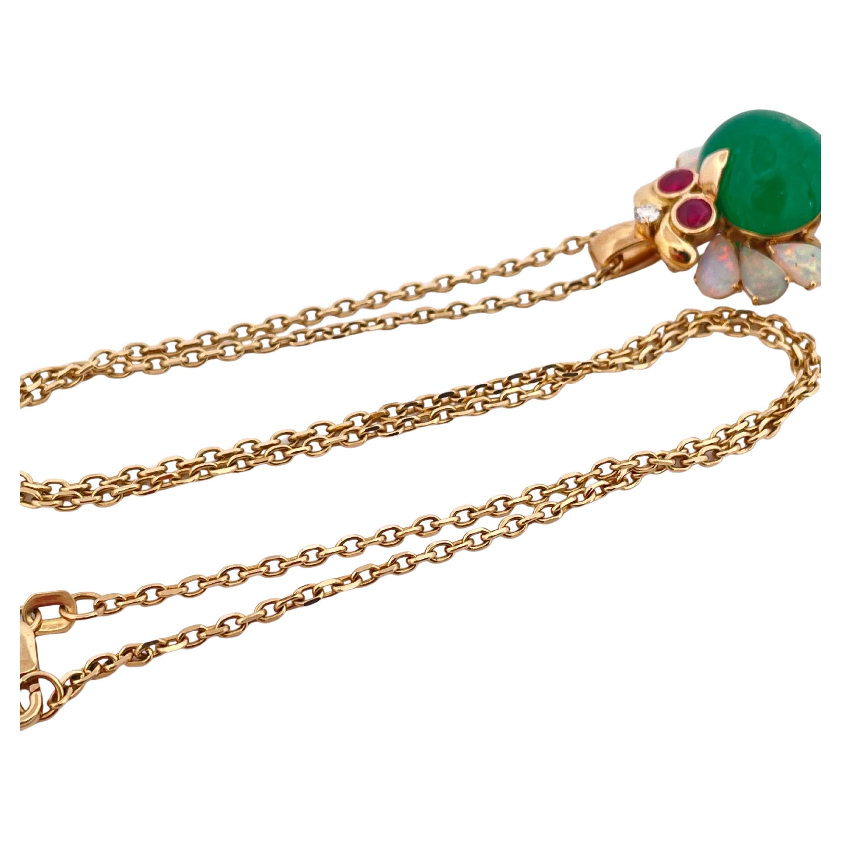 18k YG Owl Pendant 10ctw Emerald, 2.13ctw Opal, & 0.42ctw Ruby with 14k YG Chain In Excellent Condition For Sale In Sewickley, PA