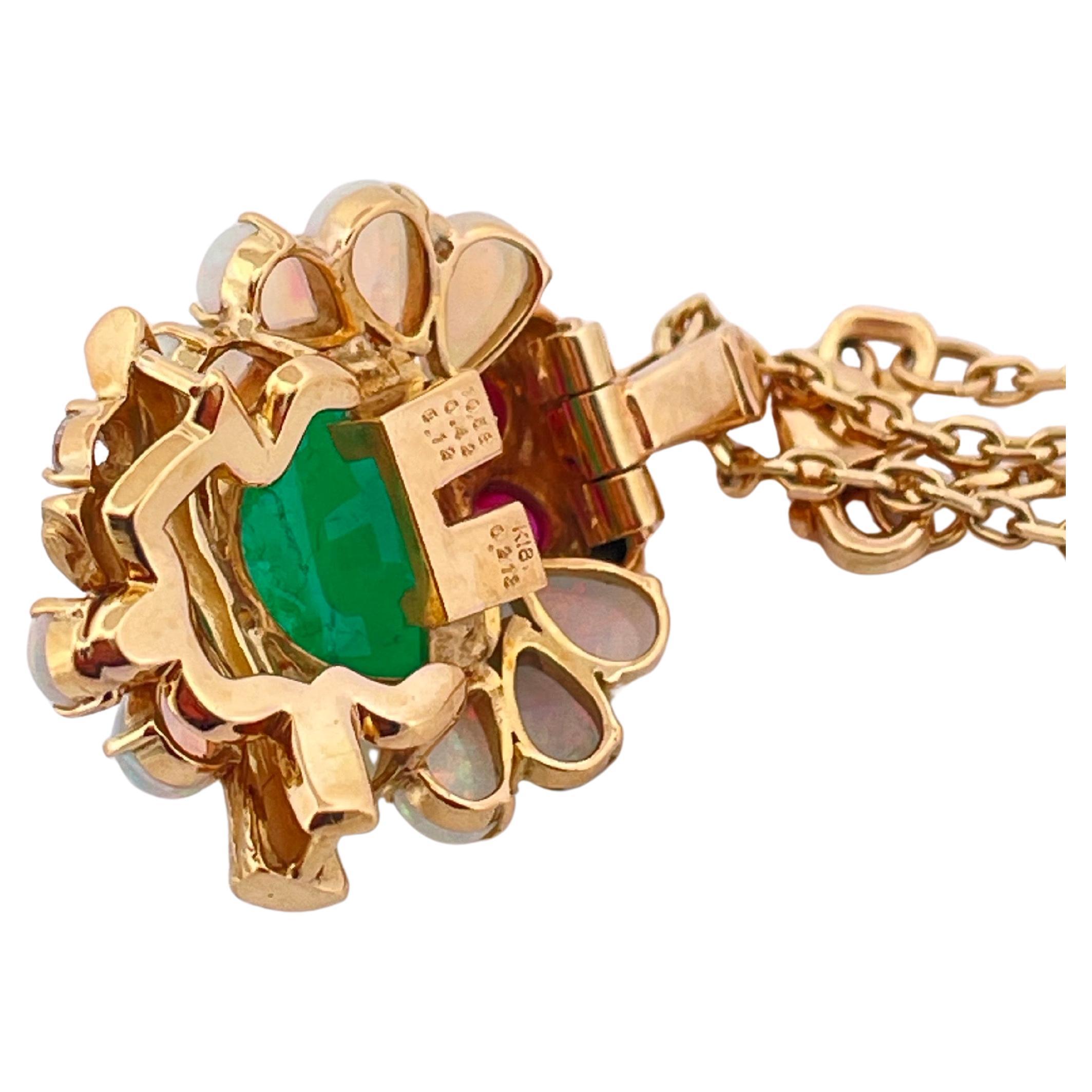 Women's or Men's 18k YG Owl Pendant 10ctw Emerald, 2.13ctw Opal, & 0.42ctw Ruby with 14k YG Chain For Sale