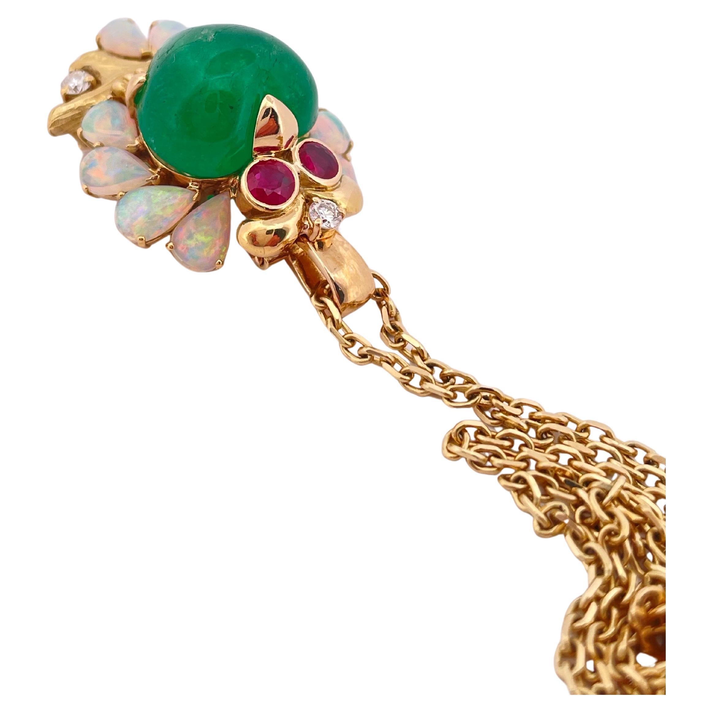 18k YG Owl Pendant 10ctw Emerald, 2.13ctw Opal, & 0.42ctw Ruby with 14k YG Chain For Sale 2