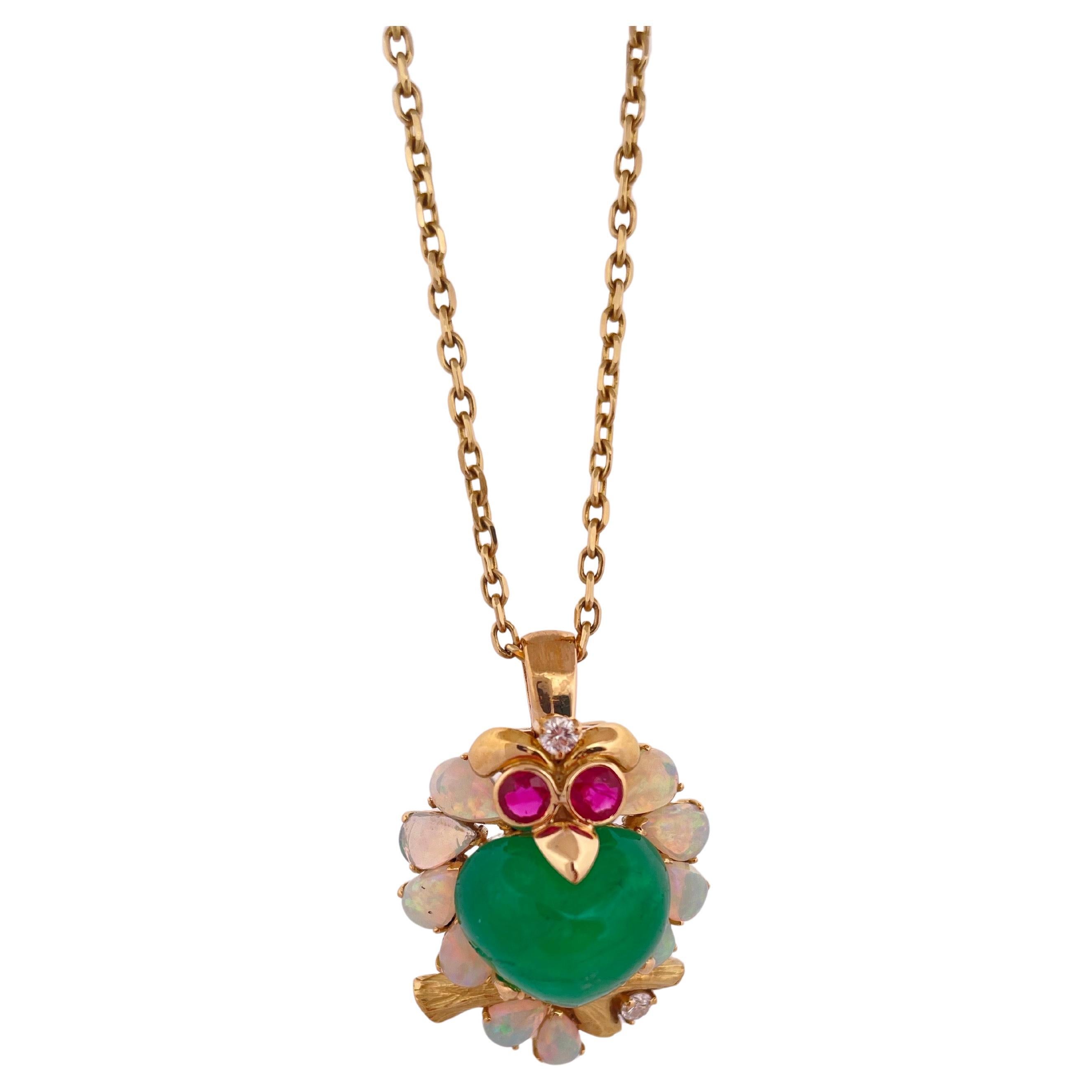 18k YG Owl Pendant 10ctw Emerald, 2.13ctw Opal, & 0.42ctw Ruby with 14k YG Chain For Sale
