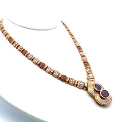 18K YG Pendant Necklace 13ct Round & Tapered Baguette Diamonds and 4.45ct Ruby