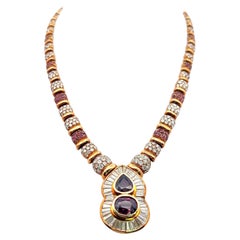 18K YG Pendant Necklace 13ct Round & Tapered Baguette Diamonds and 4.45ct Ruby