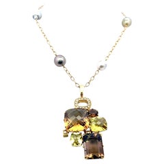 18K YG Pendant Necklace with 0.32ct Round Diamonds Pearls & Smokey Quartz