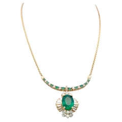 18K YG Pendant Necklace with 1.92ct Round & Baguette Diamonds 3.5ct Emerald